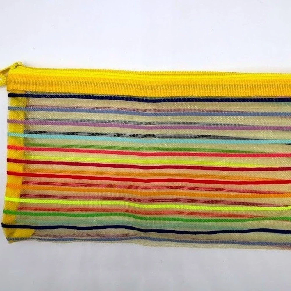 Rainbow Striped Mesh Zipper Pouch Pencil Case Cosmetic Bag Yellow Back To School